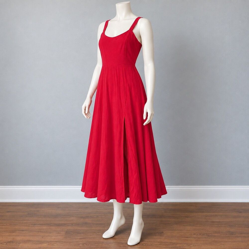 Lucy Paris Women’s M Red Rayon Midi Maxi Dress Smocked Back Fit Flare - Picture 3 of 10